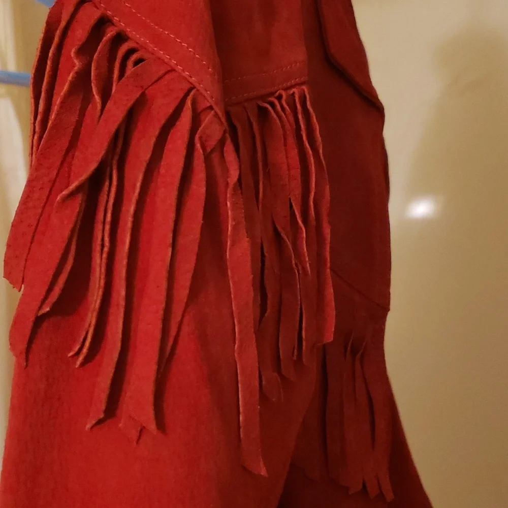 Vintage Avon Fashions Red Fringed Suede 80s 90s Leather Collar Jacket ❤ - Picture 14 of 14